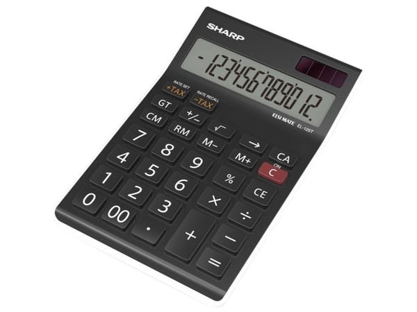 Sharp EL-125T benk-kalkulator, sort display (innstilling): 12-sifret solcelle- og batteridrift (112 x 13 x 176 mm)