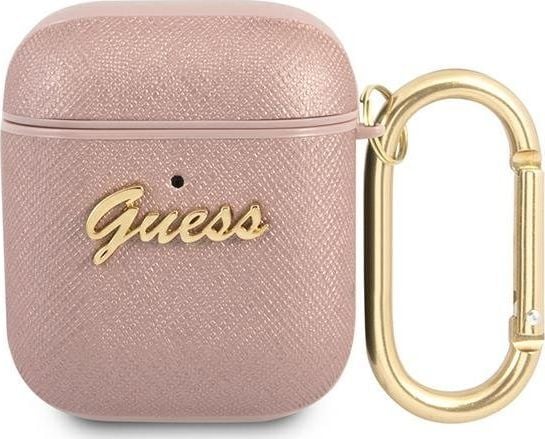 Guess GUA2SASMP AirPods-skal - rosa/rosa Saffiano Script Metal Collection