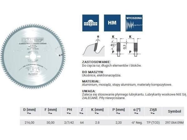 CMT sagblad sirkulær HW D=216 F=30 Z=64 K=2,8/2,2 aluminium, messing, kompositt