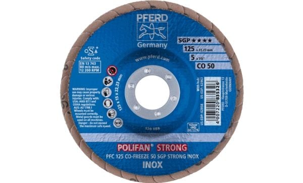 PFERD POLIFAN flap discs ceramic oxide grain CO-FREEZE SGP STRONG INOX, 12,5 cm, 10 stykker