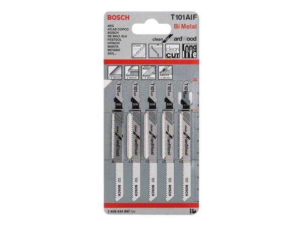 Bosch clean for Hard Wood T 101 AIF - Stikksagblad - for laminat, løvtre, laminerte paneler, epoksy, høytrykkslaminat (HPL) - 5 deler - T-skaft - l...