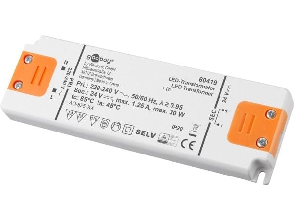 Goobay 60419, Elektroninen valaistusmuuntaja, Oranssi, Valkoinen, IP20, -20 - 45 °C, CE, RoHS Directive 2011/65/EU [OJEU L174/88-110, 01.07.2011, 30 W
