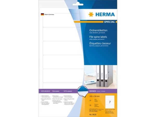 HERMA Special - Papir - matt - permanent selv-adhesiv - hvit - 192 x 38 mm 70 etikett(er) (10 ark x 7) opake arkivmappeetiketter