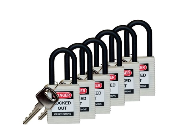 Brady 813641, Konventionellt hänglås, Tangentlås, Olika låsning, Vit, Nylon, Nylon