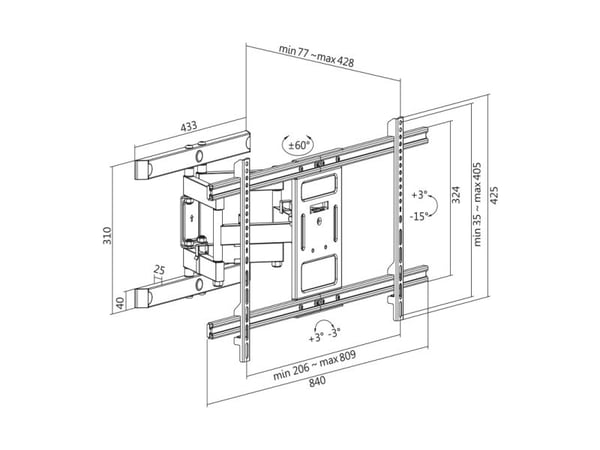 LogiLink BP0115, 300 x 200 mm, 800 x 400 mm, -15 - 3°, -90 - 90°, 6°, Sort