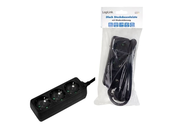 LogiLink LPS205B, 1,4 m, Tyyppi F, musta, TÜV & GS, 3 AC-pistorasia(a), 250 V