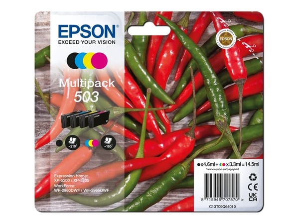 Epson 503, Perusvärintuotto, 4,6 ml, 3,3 ml, 210 sivua, 4 kpl, Monipakkaus