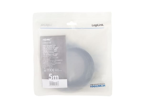 LogiLink - Highspeed - HDMI-kaapeli Ethernetillä - HDMI-uros HDMI-uros - 5 m - kolminkertainen eristys - harmaa, musta - tukee 4K 60 Hz (3840 x 2160)