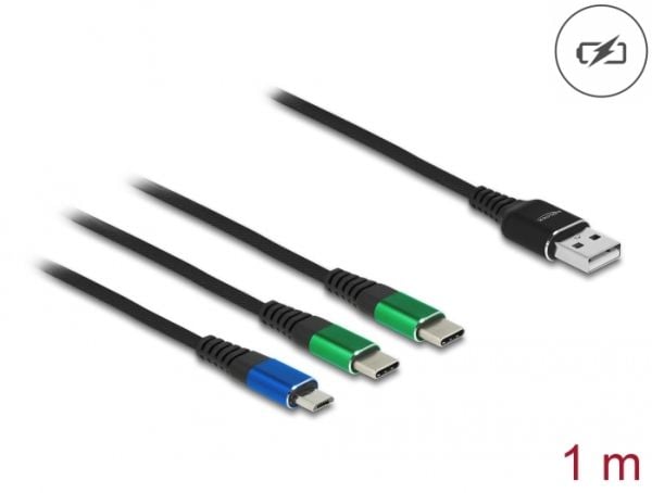 Delock - USB-kabel - USB (kun strøm) (hann) til Micro-USB type B (kun strøm), USB-C (kun strøm) (hann) - 5 V - 3 A - 1 m - svart