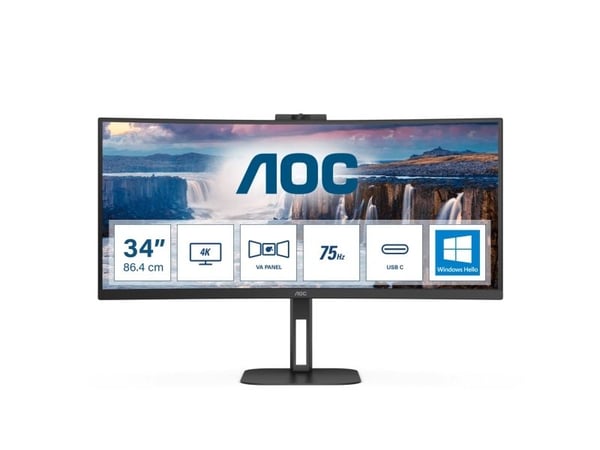 AOC V5 CU34V5CW - LED-skjerm - buet - 34" - 3440 x 1440 WQHD @ 100 Hz - VA - 300 cd/m² - 3000:1 - 1 ms - HDMI, DisplayPort, USB-C - høyttalere/webk...