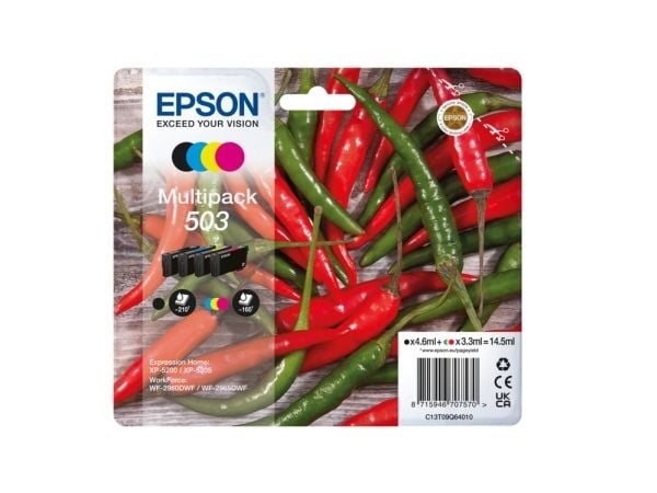 Epson 503, Perusvärintuotto, 4,6 ml, 3,3 ml, 210 sivua, 4 kpl, Monipakkaus
