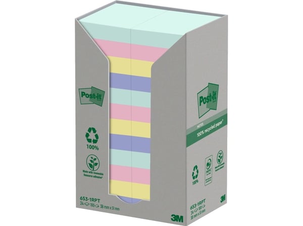 Post-it 653-1RPT - Noter - 38 x 51 mm - 2400 ark (24 x 100) - blå, grønn, lysegrønn, grå