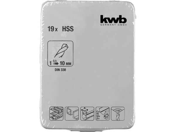 kwb 421944, Drill, Drill bit set, 1 mm, Ikke-jernholdig metall, Plast, Profil, Blad metall, 118°, 19 stykker