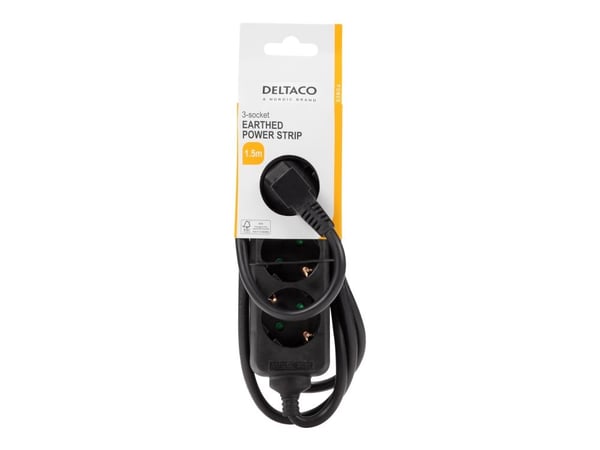 Deltaco Earthed power strip 3x CEE 7/3 1x CEE 7/7 1.5m, 1,5 m, Sisätila, Tyyppi F, Type EF (CEE 7/7), Kulmikas, Musta
