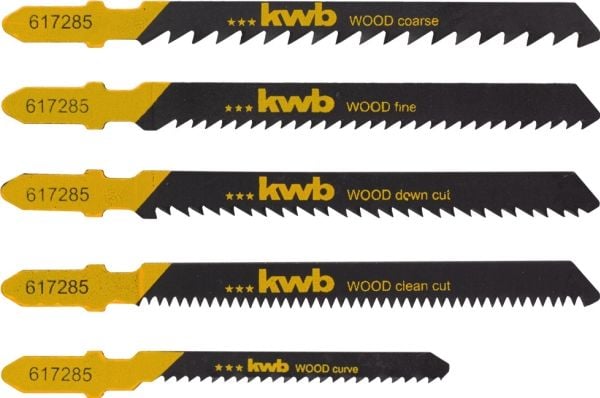 kwb 617285, Stikksagblad, Sponplate, Fibre board, Myk plastikk, Tre, High Carbon Steel (HCS), Svart, Gult, 5 stykker, Blister