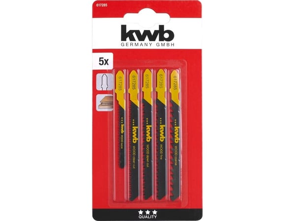kwb 617285, Kuviosahanterä, Lastulevy, Kuitulevy, Pehmeä muovi, Puu, Runsashiilinen teräs (HCS), Musta, Keltainen, 5 kpl, Kupla