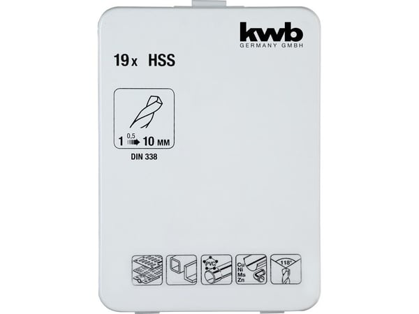 kwb 421856, Drill, Drill bit set, Høyrehåndsrotasjon, 1 mm, Strykejern, Metall, Ikke-jernholdig metall, Plast, Profil, Stål, 135°
