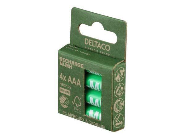 Oppladbare AAA-batterier DELTACO 1000mAh, merket med miljømerket "Nordic Swan", 4 stk. pakke / ULT-NH1000AAA-4P Oppladbare AAA-batterier DELTACO 1000mAh, merket med miljømerket "Nordic Swan", 4 stk. pakke / ULT-NH1000AAA-4P
