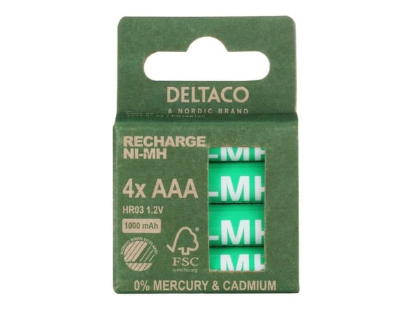 Oppladbare AAA-batterier DELTACO 1000mAh, merket med miljømerket "Nordic Swan", 4 stk. pakke / ULT-NH1000AAA-4P