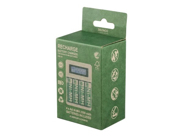 DELTACO - 4-6 tim. batteriladdare - (för 4xAA/AAA) + batteri 4 x AA-typ - vit
