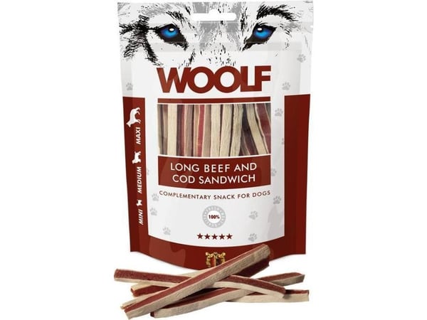 WOOLF hundesnack Long Beef & Cod Sandwich - storfekjøtt og torsk i strimler, 100 g