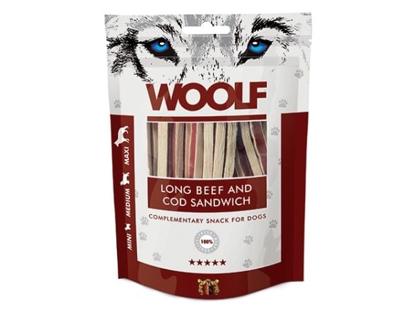 WOOLF hundesnack Long Beef & Cod Sandwich - storfekjøtt og torsk i strimler, 100 g