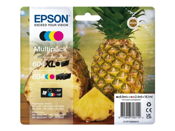 Epson 604XL, Korkea (XL) värintuotto, 8,9 ml, 2,4 ml, 500 sivua, 4 kpl, Monipakkaus