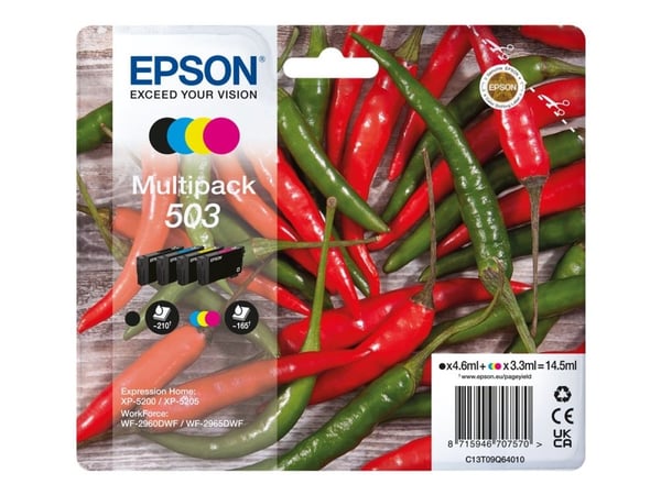 Epson 503, Perusvärintuotto, 4,6 ml, 3,3 ml, 210 sivua, 4 kpl, Monipakkaus
