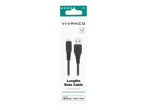 Vivanco LongLife, 1,5 m, Lightning, USB A, Uros, Uros, Musta Vivanco LongLife, 1,5 m, Lightning, USB A, Uros, Uros, Musta