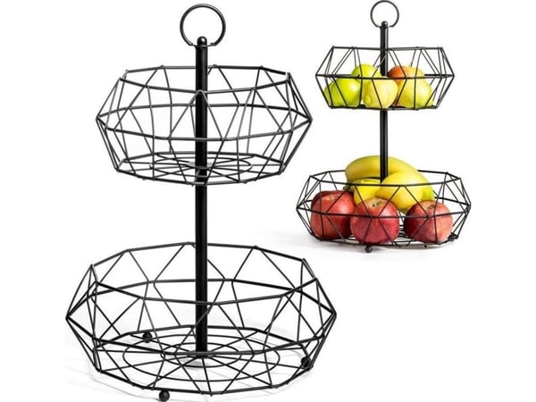Vilde fruktkurv i metall, geometrisk, sort, til frukt/grønnsaker, 2 nivåer Vilde fruktkurv i metall, geometrisk, sort, til frukt/grønnsaker, 2 nivåer