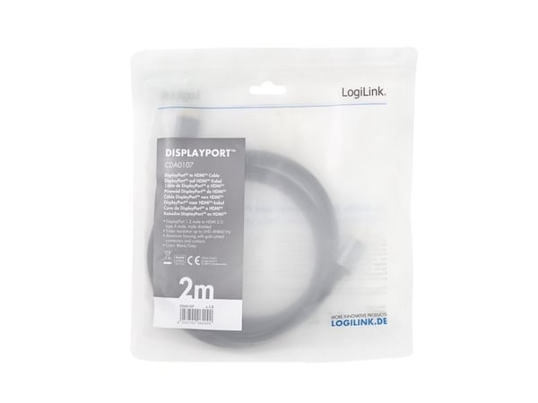 LogiLink CDA0107, 2 m, DisplayPort, HDMI, Hanstik, Hanstik, Hanstik, 3840 x 2160 pikseliä