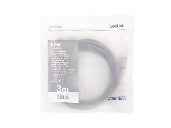LogiLink CHA0102, 3 m, HDMI Type A (Standard), HDMI Type A (Standard), 3D, 18 Gbit/sek, musta, harmaa