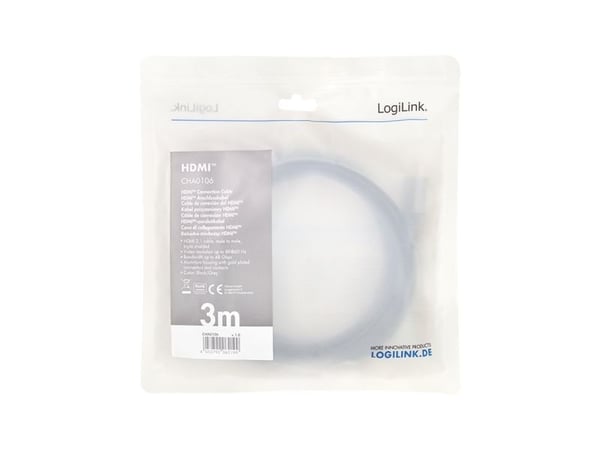 LogiLink CHA0106, 3 m, HDMI Type A (Standard), HDMI Type A (Standard), 3D, 48 Gbit/sek, musta, harmaa