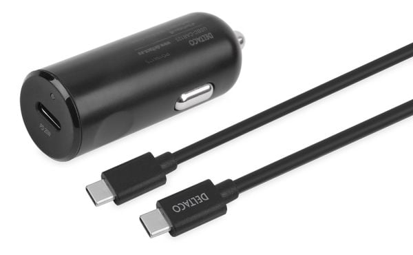 DELTACO USBC-CAR125 - Bilstrømadapter - 20 watt - 3 A - PD (USB-C) - på kabel: Lightning - svart