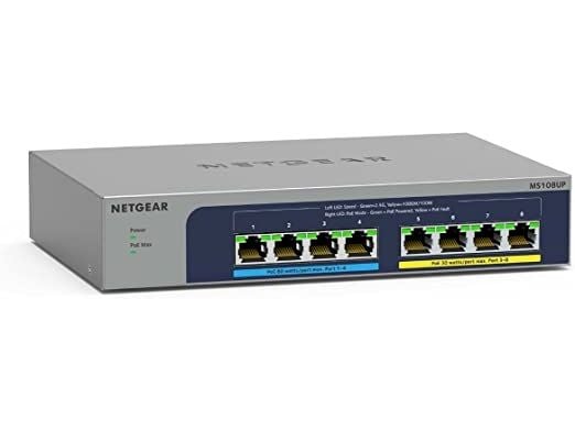 NETGEAR MS108UP, Uhåndtert, 2.5G Ethernet (100/1000/2500), Full tosidig, Strøm over Ethernet (PoE), Kan monteres på vegg