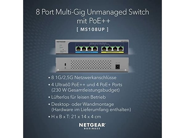 NETGEAR MS108UP, Uhåndtert, 2.5G Ethernet (100/1000/2500), Full tosidig, Strøm over Ethernet (PoE), Kan monteres på vegg