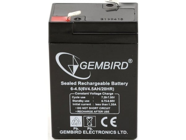 Gembird BAT-6V4.5AH, 6 V, 4,5 ah, Musta, 730 g, 70 mm, 50 mm