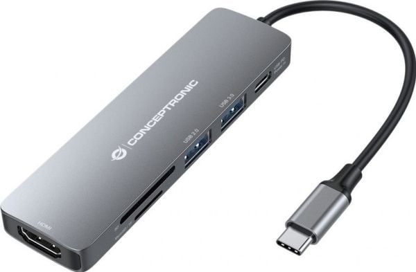 Conceptronic DONN11G, Koblet med ledninger (ikke trådløs), USB 3.2 Gen 1 (3.1 Gen 1) Type-C, 100 W, Grå, MicroSD (TransFlash), SD, 5 Gbit/s