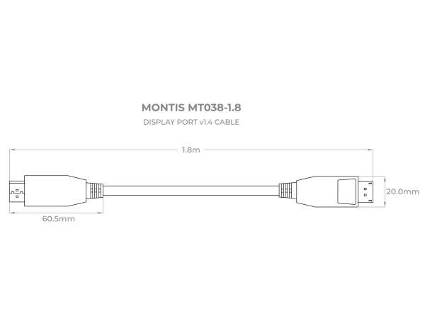 Montis Kabel DisplayPort v1.4 MT038, 1,8 m, DisplayPort, DisplayPort, Hankjønn, Hankjønn, Sort, Sølv