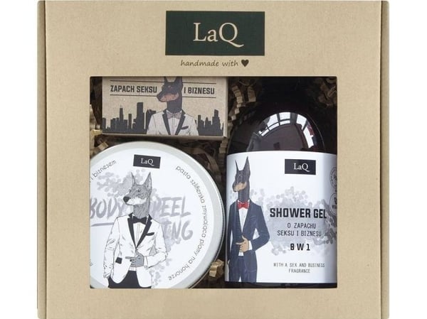 LaQ Doberman badesett: gel til bad/dusj 500 ml + såpe 85 g + peeling 200 ml