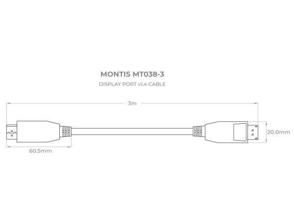 Montis Kabel DisplayPort v1.4 MT038-3, 3 m, DisplayPort, DisplayPort, Hankjønn, Hankjønn, Sort, Sølv
