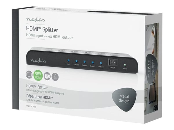 Nedis VSPL3474AT - Video-/audiosplitteri - 4 x HDMI - pöytätietokoneet