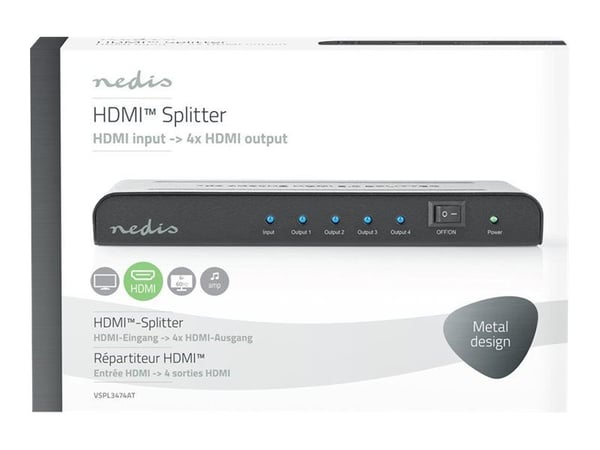 Nedis VSPL3474AT - Video-/audiosplitteri - 4 x HDMI - pöytätietokoneet