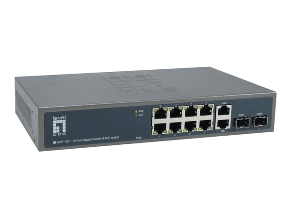 LevelOne GEP-1221, Hallitsematon, Gigabit Ethernet (10/100/1000), Power over Ethernet -tuki, Telineasennus