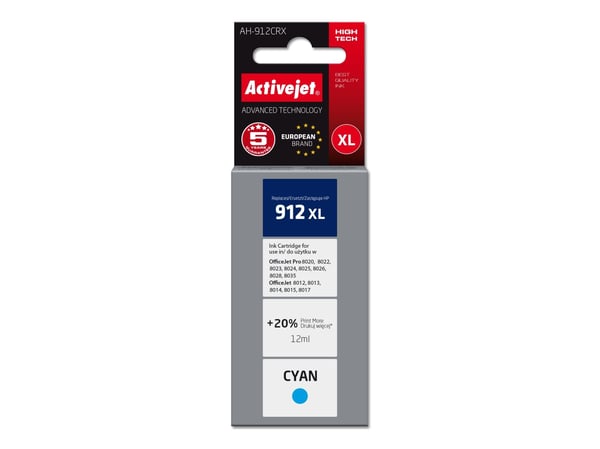 Activejet Tusz AH-912CRX (zamiennik HP 912XL 3YL81AE; Premium; 990 stron; niebieski), Høyt (XL) utbytte, Blå, Fargestoffbasert blekk, 12 ml, 1 styk...