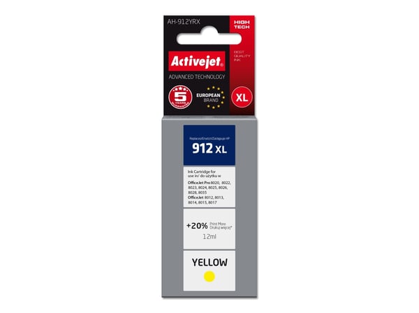 Activejet Tusz AH-912YRX (zamiennik HP 912XL 3YL83AE; Premium; 990 stron; zólty), Høyt (XL) utbytte, Gult, Fargestoffbasert blekk, 12 ml, 1 stykker...