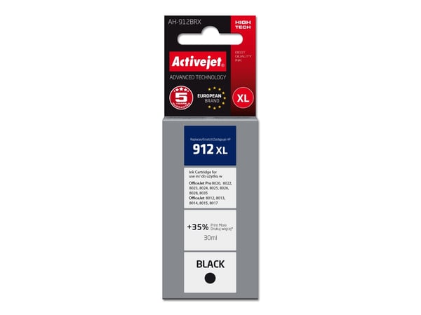 Activejet AH-912BRX-blekk for HP-skrivere, erstatning HP 912XL 3YL84AE; Premium; 1100 sider; svart, høy (XL) kapasitet, fargebasert blekk, 30 ml, 1...