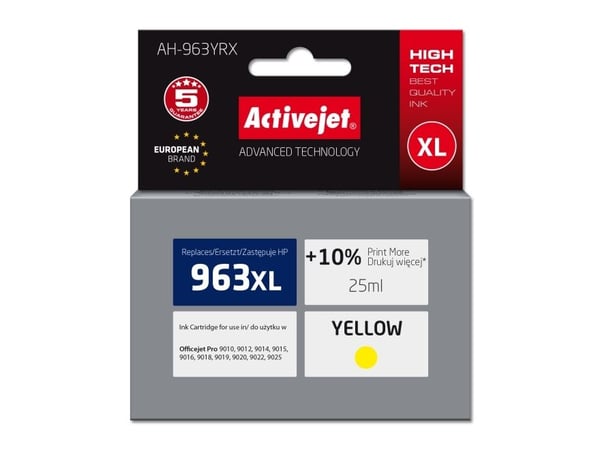 Activejet Tusz AH-963YRX (zamiennik HP 963XL 3JA29AE; Premium; 1760 stron; zólty), Høyt (XL) utbytte, Gult, Fargestoffbasert blekk, 25 ml, 1 stykke...