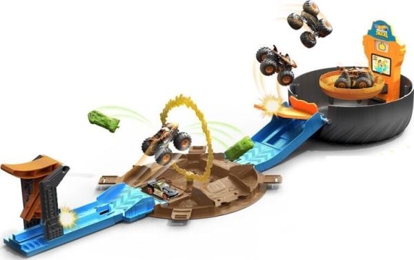 Hot Wheels Monster Trucks Stunt Tire-lekset med avfyrare, en Hot Wheel-bil i skala 1:64 och en Monster Truck, Set med monstertruck och bana, 4 År, ...