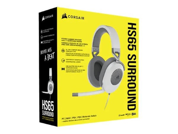 CORSAIR Gaming HS65 SURROUND - Hodesett - full størrelse - kablet - 3,5 mm jakk - hvit